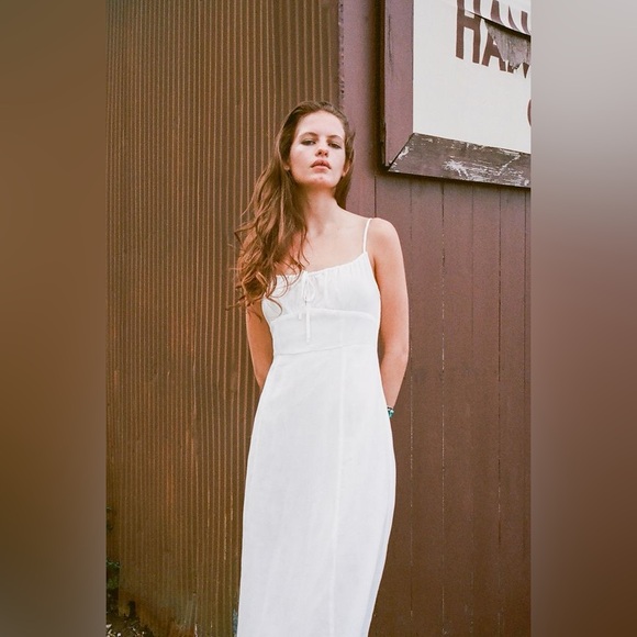 URBAN OUTFITTERS White Tie-Front Spaghetti Strap Midi High-Waist Slip Dress Sz L - Picture 2 of 16